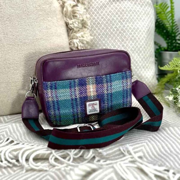 Harris Tweed Kameratasche in Grün/Lila Karomuster