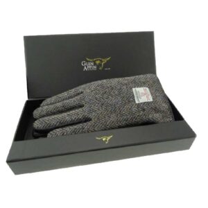 Gents Black Leather & Harris Tweed Gloves Boxed in Heather HB