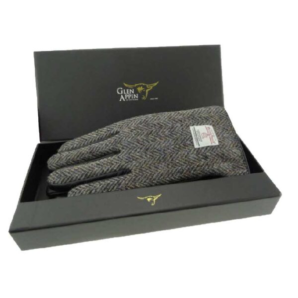 Gents Black Leather & Harris Tweed Gloves Boxed in Heather HB