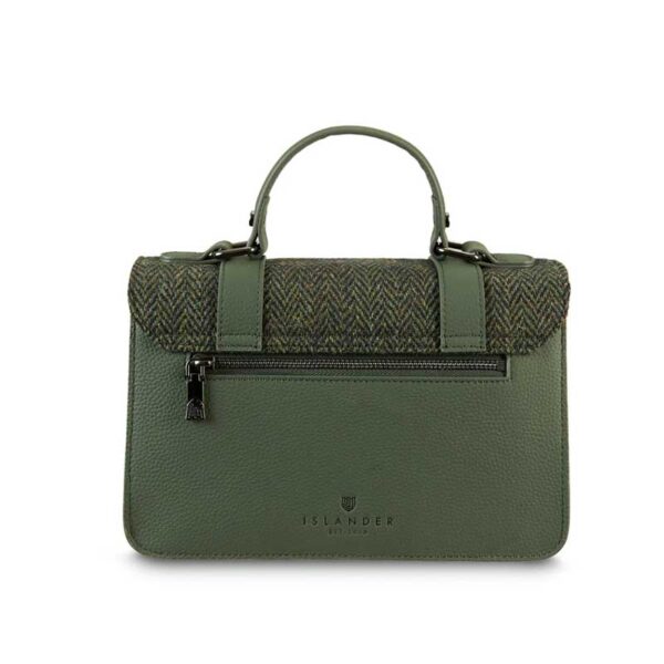 Harris Tweed Clutch, The Leather Medium Satchel, Islander, Dark Green Fischgrätmuster