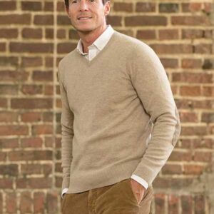 Herren Strickpullover ''Jack'' In Taupe Mit Harris Tweed Applikationen