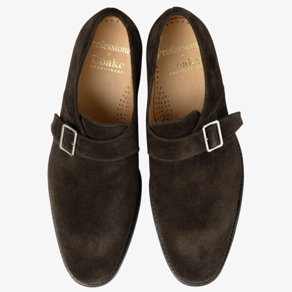 Loake Dark Brown Suede Strap Monk Shoe Claridge G fit Welted rubber sole