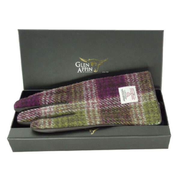 Ladies Brown Leather & Harris Tweed Gloves Boxed in Heather Check