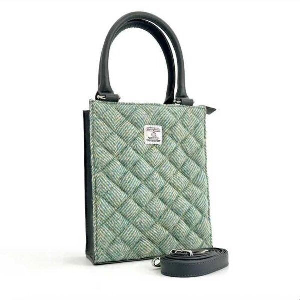 Harris Tweed Stepp-Mini-Tragetasche in Türkis Fischgrätmuster