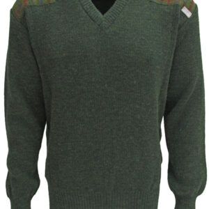 Pullover mit V-Ausschnitt und Harris-Tweed-Applikationen, Moosgrün