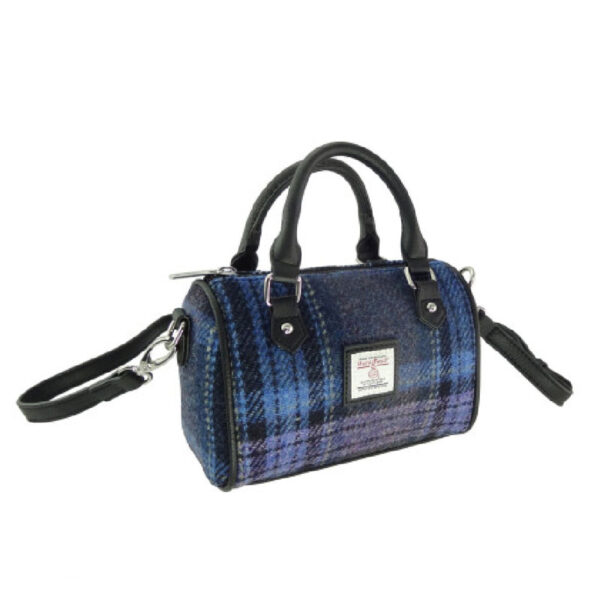 Harris Tweed 'Kilbride' Mini-Bowlingtasche in Blau und Lila Stewart Tartan
