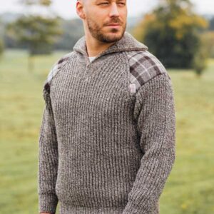 Pullover mit Reißverschluss und Harris-Tweed-Applikationen, Natur