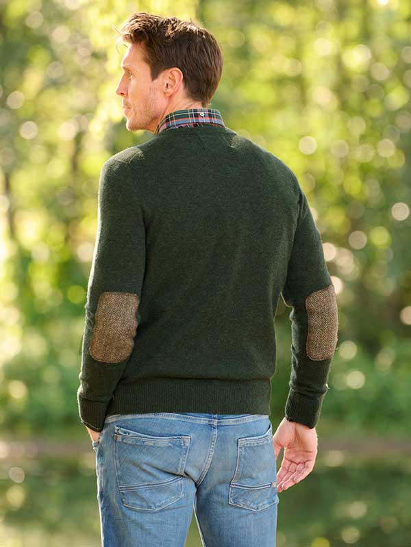 Herren Strickpullover ''Jack'' In Forrest Green Mit Harris Tweed Applikationen