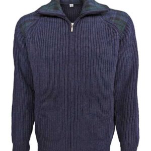 Shetland-Strickjacke mit durchgehendem Reißverschluss und Schulterpatches aus Harris Tweed, Marineblau