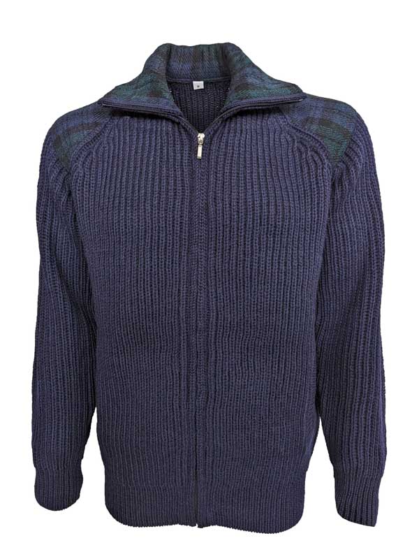 Shetland-Strickjacke mit durchgehendem Reißverschluss und Schulterpatches aus Harris Tweed, Marineblau