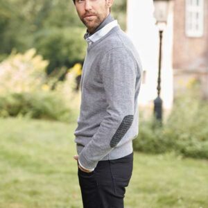 Herren Strickpullover ''Jack'' In Cloud Grey Mit Harris Tweed Applikationen