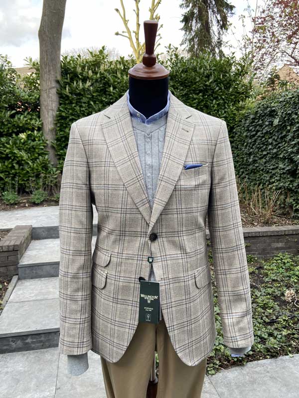 Wellington Seiden Sommer Sakko Beige Glen Check