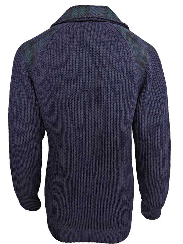 Shetland-Strickjacke mit durchgehendem Reißverschluss und Schulterpatches aus Harris Tweed, Marineblau