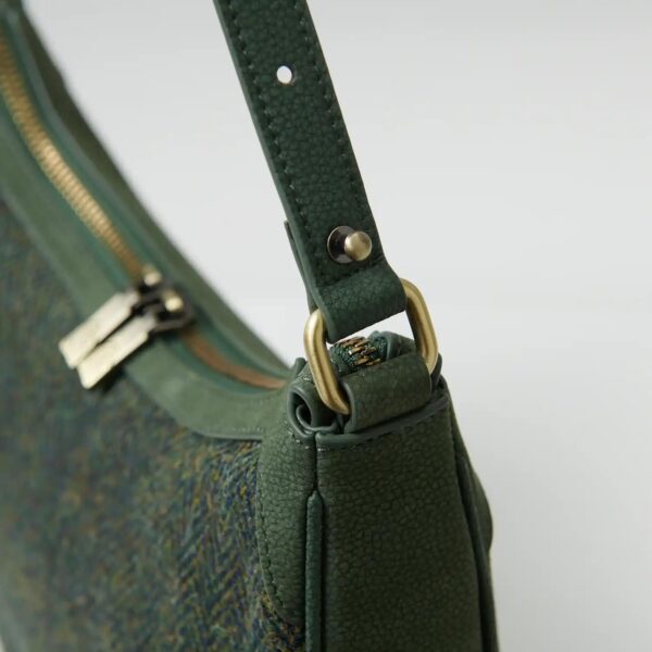 Harris Tweed Schultertasche, Modell Ellon, Islander, Dunkelgrünes Fischgrätmuster