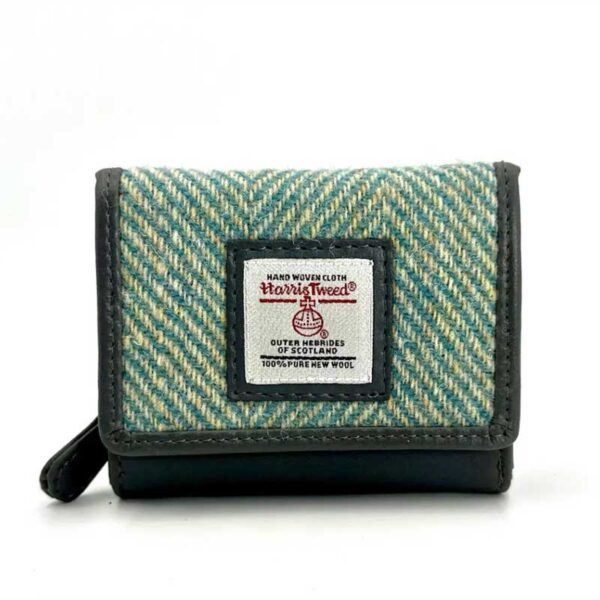 Harris Tweed Trifold Geldbörse, Türkis Mit Fischgrätmuster