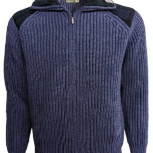 Shetland-Strickjacke mit durchgehendem Reißverschluss, Schulterpatches aus Harris Tweed und Denim