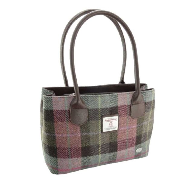 Harris Tweed 'Cassley' Classic Handbag in Muted Green and Rose Pink Tartan