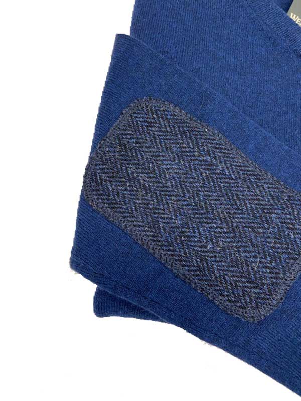 Herren Strickpullover ''Jack'' In Denim Blue Mit Harris Tweed Applikationen