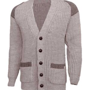 Grobstrick-Cardigan im traditionellen Stil mit Harris-Tweed-Einsätzen, hellgrau, walisisch