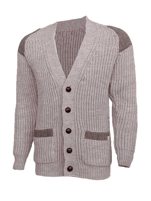 Grobstrick-Cardigan im traditionellen Stil mit Harris-Tweed-Einsätzen, hellgrau, walisisch
