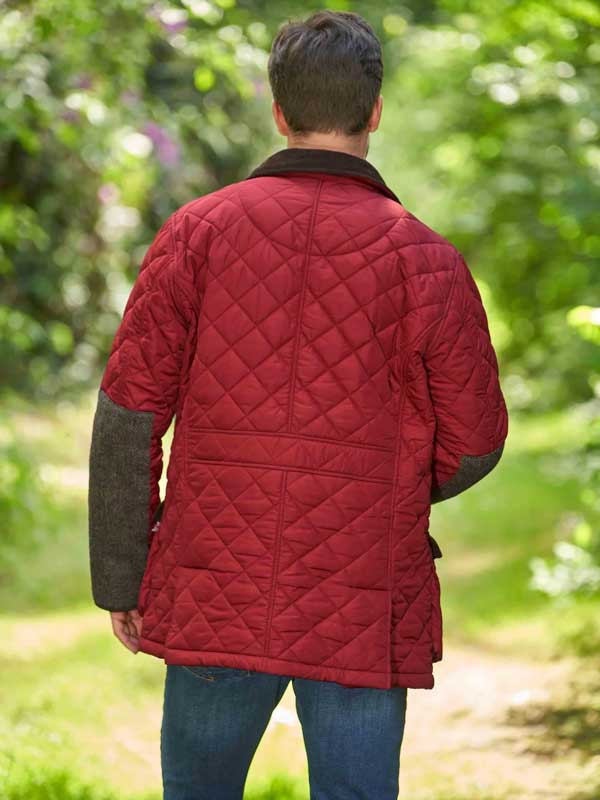 Herren Steppjacke ''Boston'' In Red Dahlia Mit Harris Tweed Applikationen