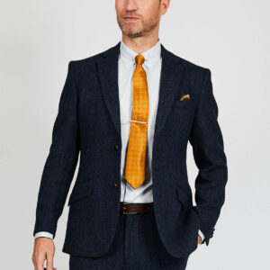 Harris Tweed Jacket Leather Buttons- Navy Herringbone