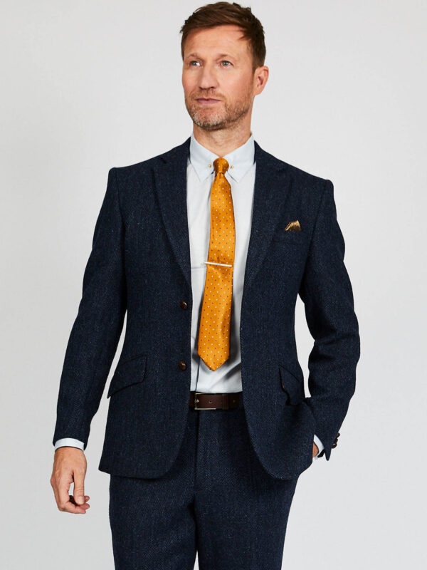 Harris Tweed Jacket Leather Buttons- Navy Herringbone