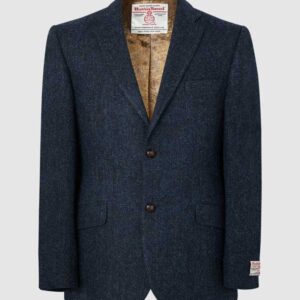 Harris Tweed Jacket Leather Buttons- Navy Herringbone