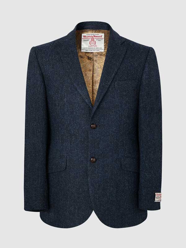 Harris Tweed Jacket Leather Buttons- Navy Herringbone